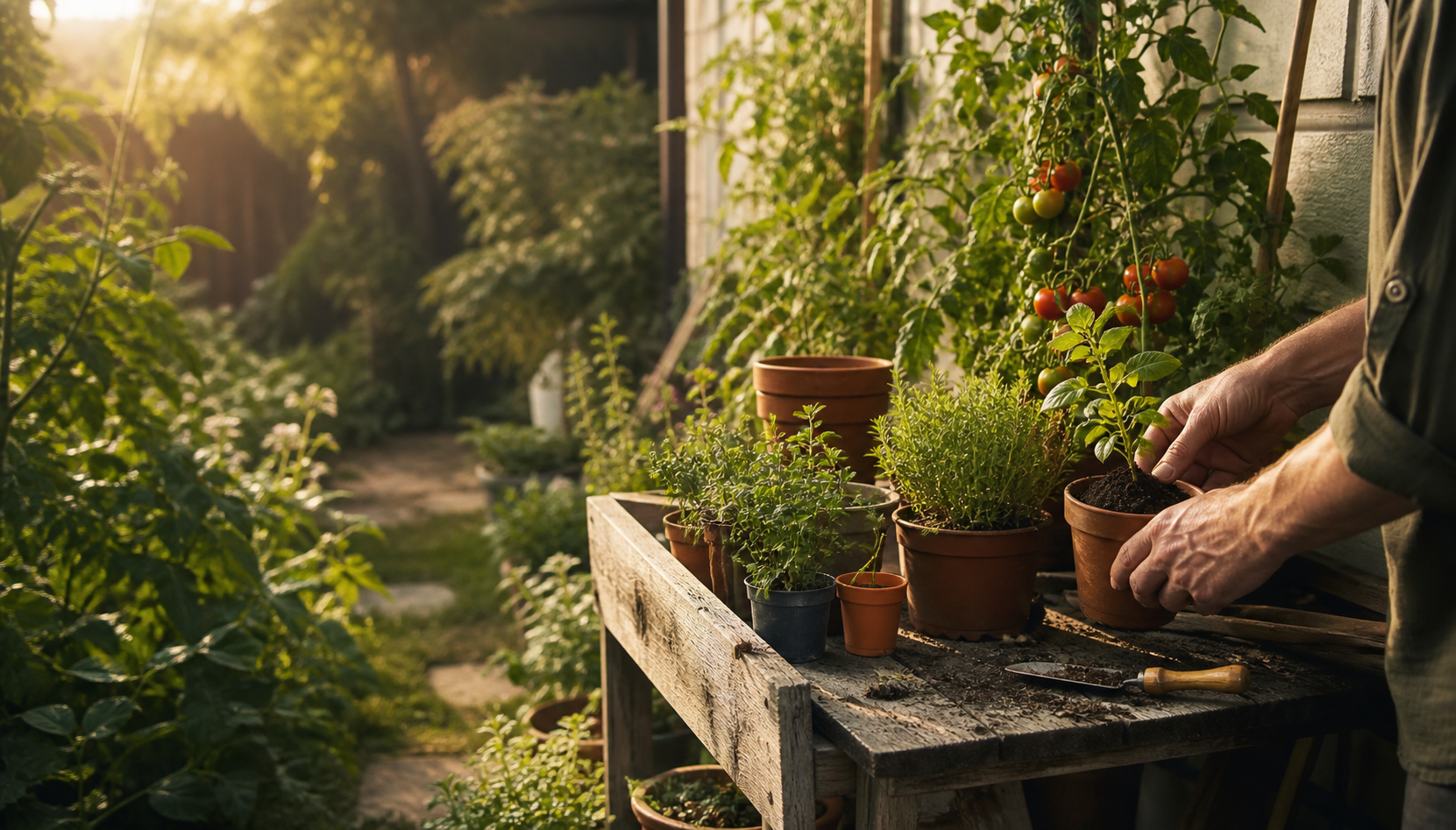 A gardener potting herbs beside a thriving tomato garden