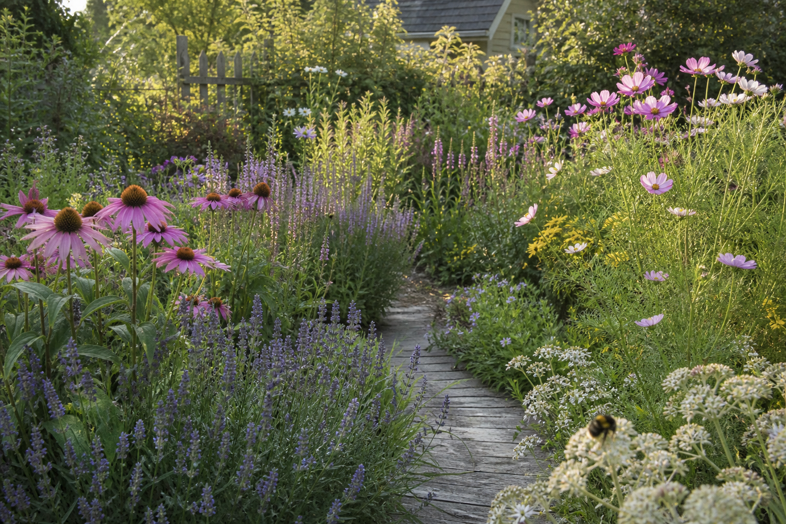 A natural garden path surrounded by pollinator-friendly flowers