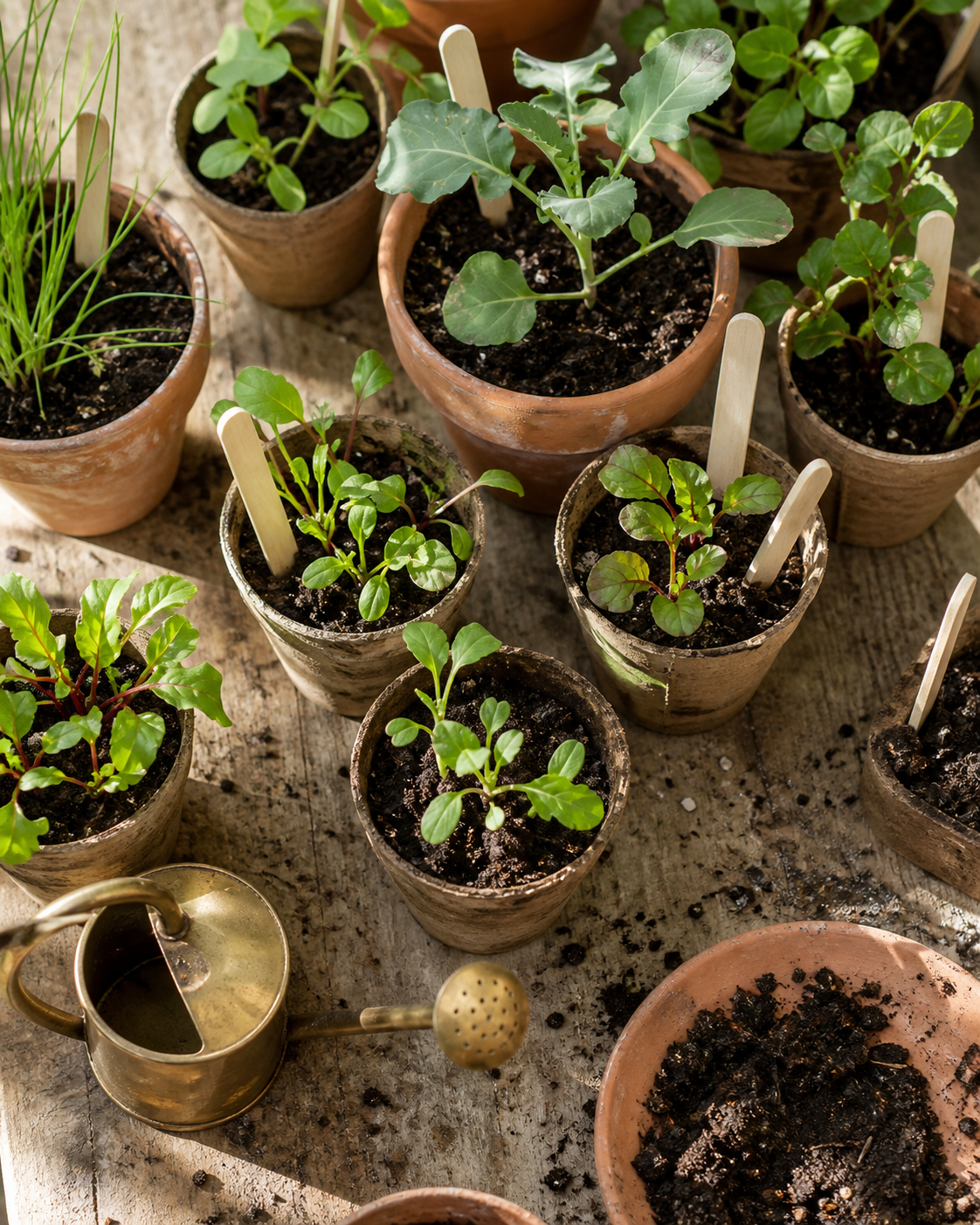 Young vegetable seedlings in terracotta pots on a garden worktable